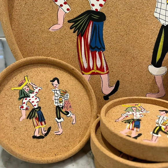 Mid-Century Hand-painted Portuguese Folk Cork Coaster Set - Picture 2 of 9